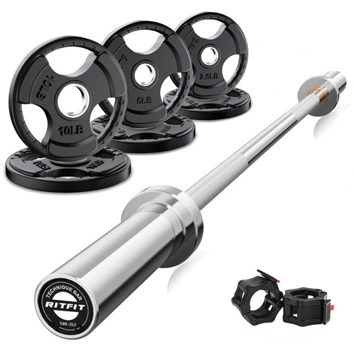 RitFit Barbell Weight Set - 4/6FT Olympic Barbell with Weight Plates (55-115LB Total) - Weightlifting Equipment for Squats, Curls, Deadlifts, Presses, Hip Thrusts 4FT Silver Bar with 35LB Plates