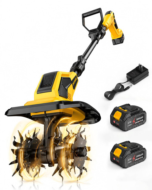 21V Cordless Tiller Cultivator, Battery Powered Tiller for Gardening with 2 x 3.0Ah Batteries & Charger, 9" Width, 6.7" Depth, Lightweight Rototiller for Raised Beds and Soil Preparation