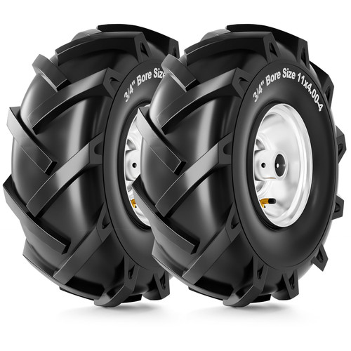 RONPOW 11x4.00-4 Tiller Tire and Wheel, 3/4" Axle Bore, 3-1/8" Centered Hub, 400 lb Load Capacity, 4 Ply Pneumatic Replacement Tire for Rototiller & Garden Tiller, 2 Pack Silver