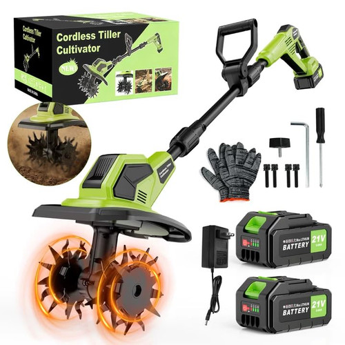 Cordless Tiller Cultivator, 21V Lightweight Tiller for Gardening with 2 * Batteries, Brushless Electric Tiller with 48 Steel Tines, 400RPM, 9.5" Tilling Width, 7" Depth for Gardening、Soil Turning