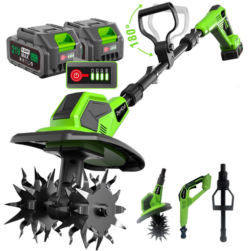 21V Cordless Tiller Cultivator, 8.0Ah Total Power(2×4.0Ah Bat+Bat Charger), 360RPM Electric Garden Tiller,9" Width & 8.6" Depth, SK5 Steel Blades, 3-Stage Adjustable for Garden, Raised Beds & Lawns