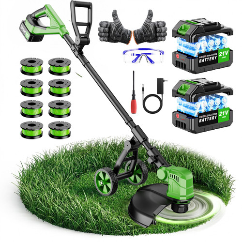20000 RPM Brushless Battery Weed Wacker Cordless, 6000mAh Electric Weed Eater Battery Powered, Heavy Duty Brush Cutter Edger Lawn Tool/Weed Trimmer/Grass Trimmer W/Wheel Metal Blade, 2 Battery