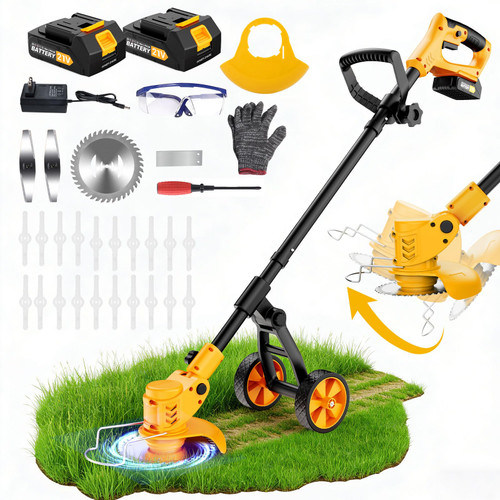 Electric Weed Wacker Cordless, Electric String Trimmer with 3 Types Blades & Removable Auxiliary Wheels, Brush Cutter & Grass Trimmer & Lawn Edger with for Garden Yard