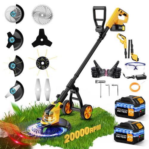 20000 RPM 4-in-1 Weed Wacker Cordless, 6000mAh Electric Weed Eater Battery Powered, Heavy Duty Brush Cutter Edger Lawn Tool/Weed Trimmer/Grass Trimmer W/Wheel Metal Blade, 2 Battery Yard Tool