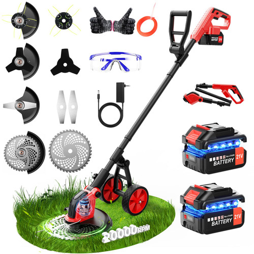 20000RPM Electric Weed Wacker Cordless with Wheel, 6000mAh Electric Weed Eater Battery Powered,4-in-1 Brush Cutter/String Trimmer/Grass Trimmer/Edger,Stringless Weed Trimmer,2 Battery