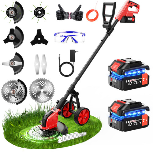 20000 RPM Electric Weed Wacker with Wheel,12″ Brushless Cordless Weed Eater Battery Powered, 4-in-1 Brush Cutter/String Trimmer/Grass Edger Tool/Lawn Mower, Stringless Weed Trimmer,5 Blade,2 Battery