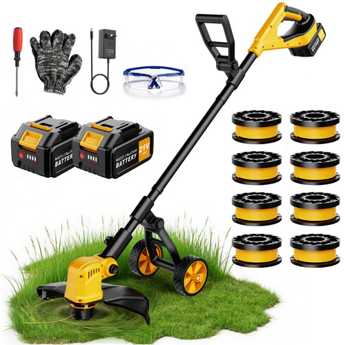 Electric String Trimmer, 14-Inch 2x3.0Ah 21V Battery Powered Weed Eater, Electric Lawn Mower Weed Wacker with Wheels, Brush Cutter Grass Trimmer for Garden Yard