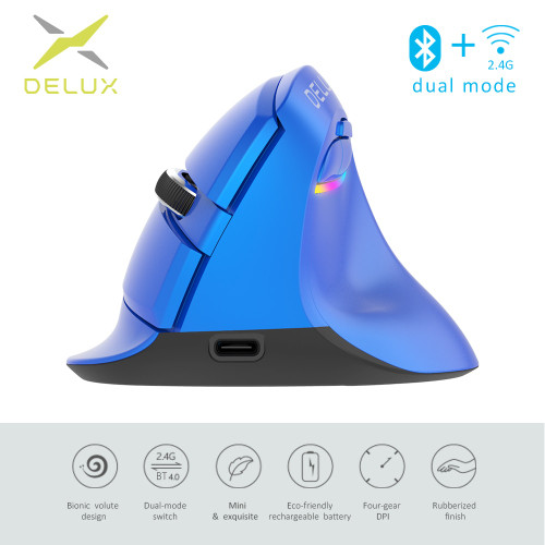 Delux M618 Mini 2.4GHz Wireless Silent Click Mouse 2400 DPI Ergonomic Rechargeable Vertical Mice with BT 4.0 Mode for PC