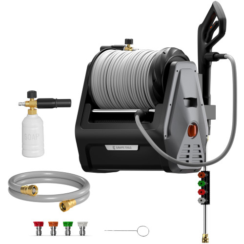 Giraffe Tools Grandfalls Retractable Wall Mount Pressure Washer Plus, Electric Power Washer with 100ft Pressure Hose, Max 2900PSI 2.2 GPM, Automatic Rewind, Any Length Lock, Dark Silver
