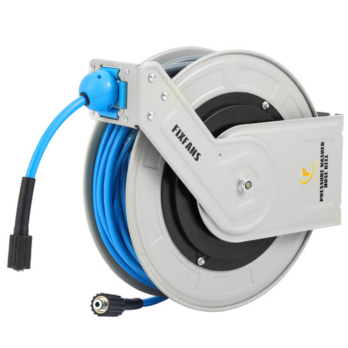 FIXFANS Pressure Washer Hose Reel with Hose, 1/4" × 100ft Retractable Power Washer Hose Reel, Heavy Duty Hose Reel Auto Rewind, Wall Mounted, 3600 PSI