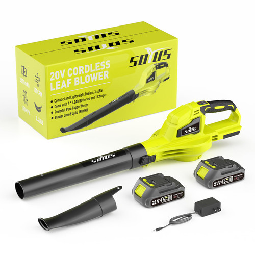 SOYUS Leaf Blower, 20V Leaf Blower Cordless with 2x2.0Ah Battery and Charger, 150 MPH Electric Leaf Blowers with Two-Speed Mode, Blowers for Lawn Care, Debris Dust Cleaning(Green)