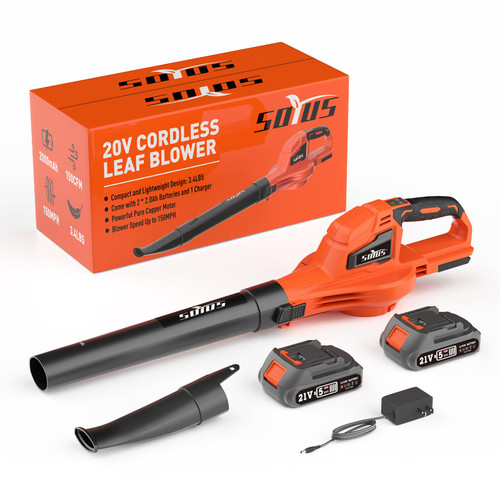 SOYUS Leaf Blower, 20V Leaf Blower Cordless with 2x2.0Ah Battery and Charger, 150 MPH Electric Leaf Blowers with Two-Speed Mode, Blowers for Lawn Care, Debris Dust Cleaning(Orange)