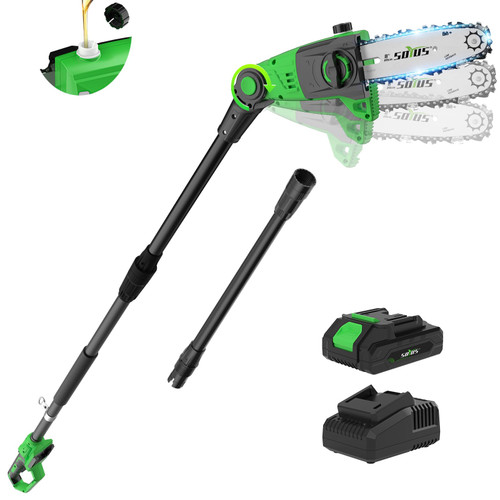 SOYUS Pole Saw 8-Inch Cordless, 15-Foot Max Reach Electric Pole Saw for Tree Trimming, 16ft/s Speed, Auto Oiling, Multi-Angle Pole Chainsaw with 2.0Ah Battery & Charger