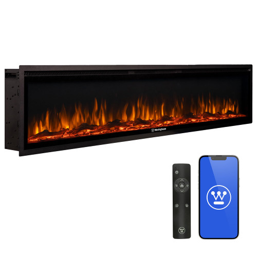 Westinghouse 74 Inch Electric Fireplace Heater, Compatible with Alexa & Google Home, Wall Mount or in-Wall Recessed Fireplace Insert