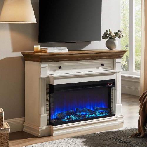OKD 52 Inch Fireplace TV Stand with 36" 3-Sided Glass Electric Fireplace Heater for Living Room (Antique White)