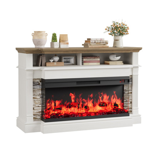 QUW Fireplace TV Stand for TVs up to 65", Farmhouse 52" Fireplace Entertainment Center with 36" 3-Side Glass Electric Fireplace
