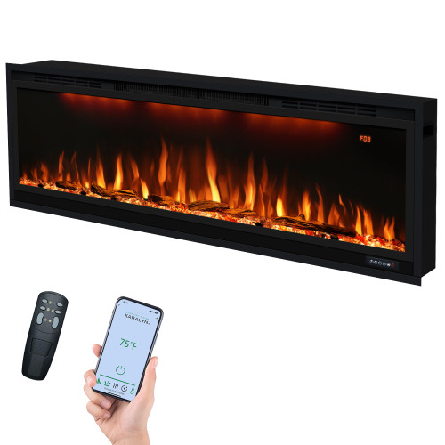 Smart 50 inch WiFi-Enabled Electric Fireplace Inserts, Wall Mount & in Wall recessed Fireplace Heater, w/Realistic Log &Crystals