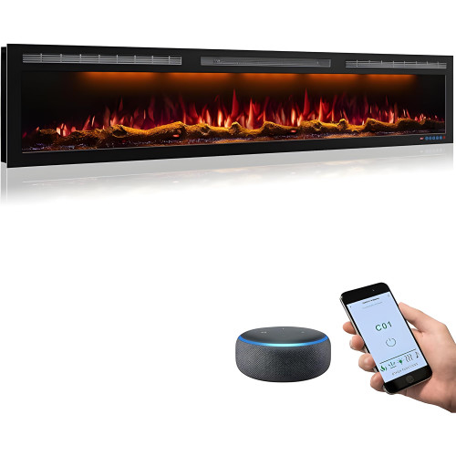 72 Inch WiFi Electric Fireplace Heater, Recessed or Wall Mounted, Ultra‑Slim 5.51" Deep, 750/1500W, 6 Flame Colors & 13 Ember Bed Colors