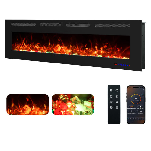 60" Electric Fireplace Recessed & Wall Mounted, Ultra-Thin 3.15" Linear Fireplace with 13 Flame & Fuel Bed Colors, APP & Remote & Touch Control