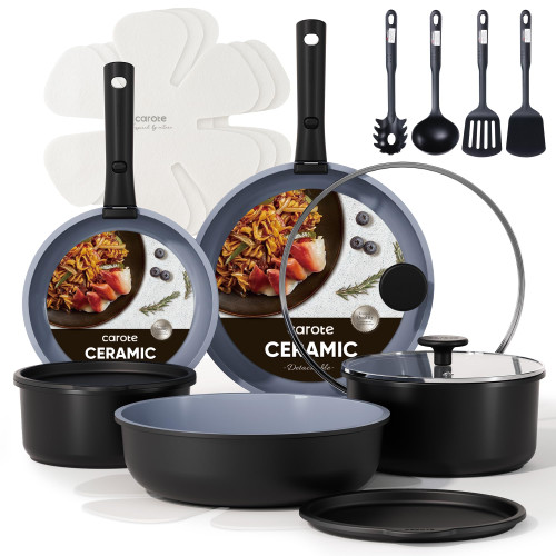 CAROTE 19PCS Ceramic Cookware Sets, Black and Gray, Pots and Pans Set Non Stick Non Toxic