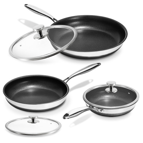 KOKHUB Nonstick Frying Pans with Lids, 8", 10", 12" Titanium Ceramic Tri-Ply Stainless Steel Skillet Set