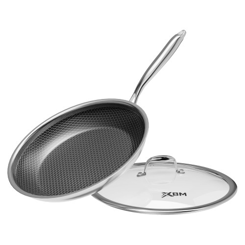 12-Inch Nonstick Frying Pan with Lid, Durable Stainless Steel Skillet, Induction Cooktop Compatible