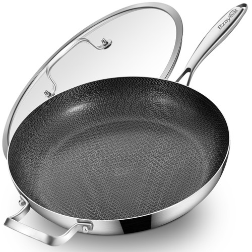 14 Inch Nonstick Ceramic Nonstick Hybrid Frying Pan with Lid | Large Tri-Ply Stainless Steel Skillet