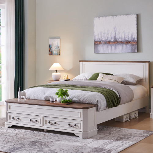 T4TREAM Farmhouse Queen Bed with Headboard and Storage Bench, Rustic Wood Platform Bed with 64" Storage Chest