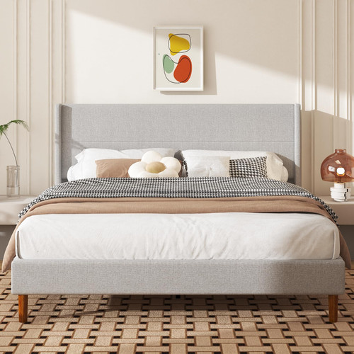 King Size Bed Frame, Linen Upholstered Platform with Wingback Headboard, Wooden Slats Support, No Box Spring Needed