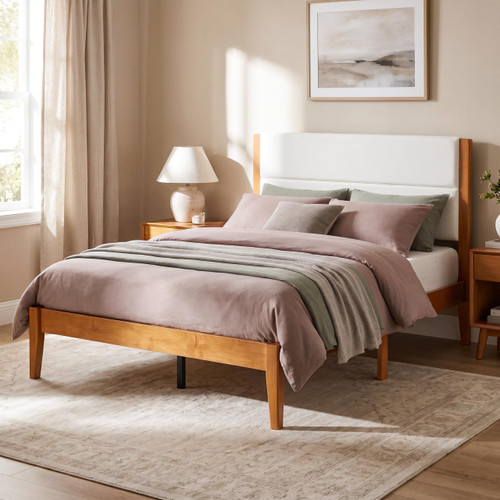 Merax Full Size Mid-Century Modern Platform Bed Frame with Fabric Upholstered Headboard, Solid Wood Slat Support, No Box Spring Needed, Noise-Free
