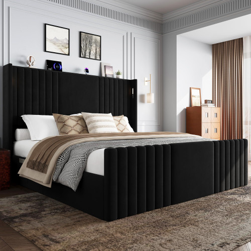King Size Bed Frame with 55.1" Tall Headboard, Velvet Upholstered Platform Bed with Channel Tufted Wingback, 2 Reading Lights/Storage Shelf