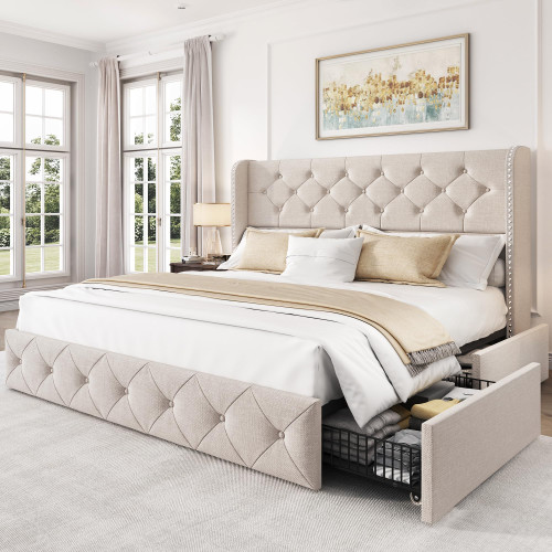 LARMACE Queen Size Bed Frame with 4 Storage Drawers and 47.2" Tall Tufted Headboard with Wooden Slats Support, Easy Assembly, Beige