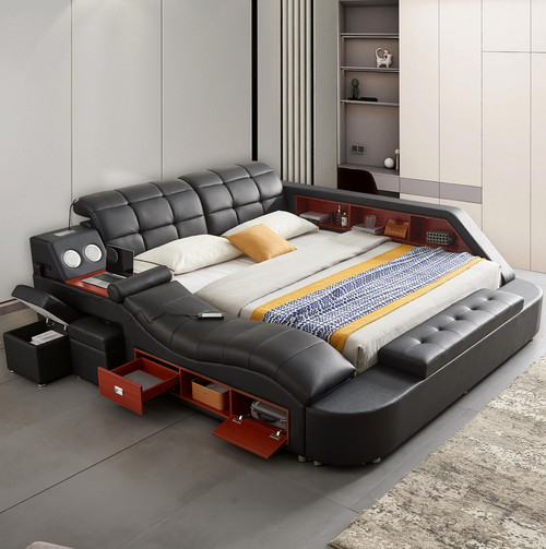Multifunction Smart King Bed Frame, Luxury Upholstered Platform with Massage Recliner/Bluetooth Speaker/USB Charging Station/Storage Drawers