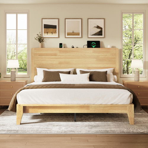 LARMACE Queen Size Wood Platform Bed Frame with Mid-Century Modern Tall Headboard & Charging Station, Built-in Headboard Shelf