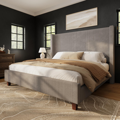 HOWE King Size Bed Frame with 50.8 Inch Corduroy Wingback Headboard, Taupe | Modern Upholstered Platform Bed, Solid Wood Slats