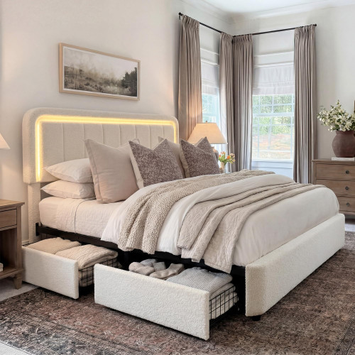 Brafab Bed Frame Queen Size, Queen Bed Frame with Storage, Boucle Upholstered Platform Bed with LED Light, Soft Rounded Corners, Adjustable Headboard