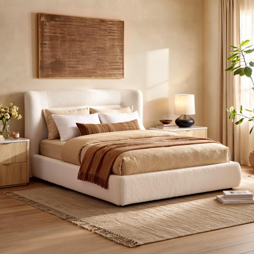 Queen Size Modern Upholstered Platform Bed with Wingback Headboard, Wooden Strong Slats Support, Noise-Free, No Box Spring Needed, Easy Assembly, Beige