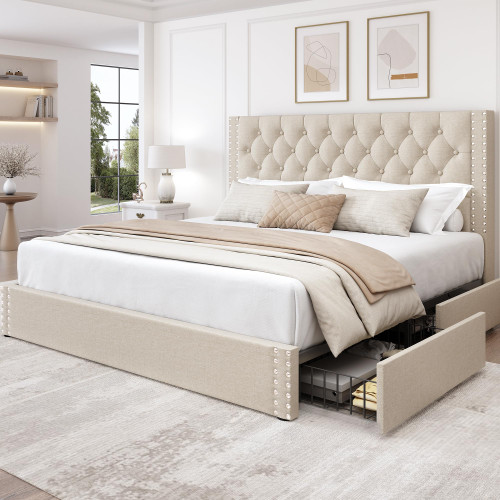 LARMACE King Size Bed Frame with 4 Storage Drawers and Tufted Headboard Linen Upholstered Platform Bed Frame with Heavy Duty Wood Slats