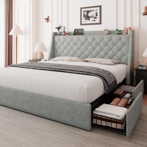 Feonase Queen Size Bed Frame with 4 Storage Drawers, Upholstered Storage Bed with Charging Station, Tufted Wingback Headboard