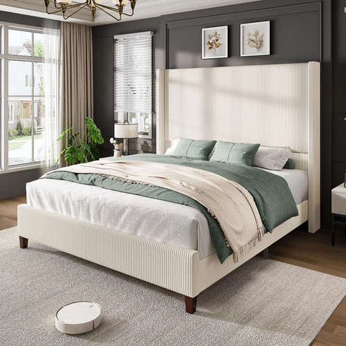 AMERLIFE King Size 62" Corduroy Upholstered Bed Frame, Luxurious Platform Bed with Extra Tall Wingback Headboard and Vertical Stripe