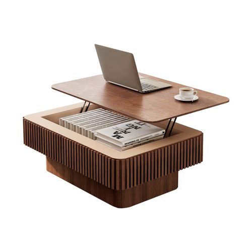 Lift Coffee Table with Storage & Adjustable Height, Solid Wood Coffee Table Fluted Center Table Accent Tea Table or Living Room