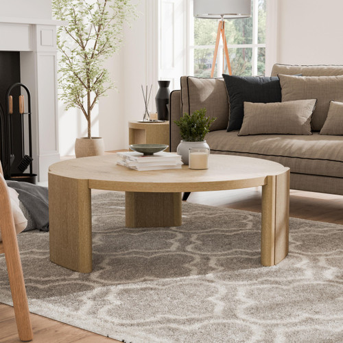 42” Round Coffee Table, Solid Rubberwood & Oak Veneer, Modern Wood Living Room Table with Plinth Base, Oak Finish