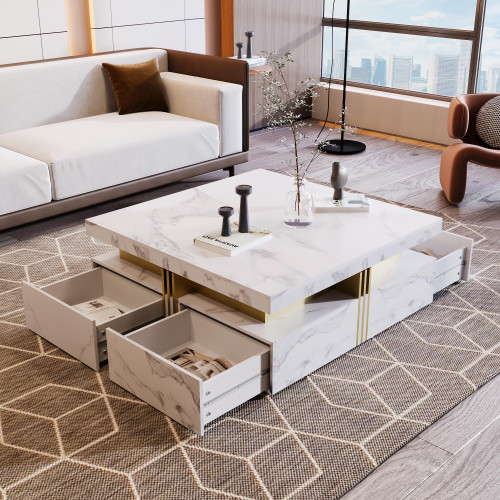 Merax Modern White and Gold Square Coffee Table with 4 Drawers, Ample Hidden Storage, Durable MDF Construction, Sleek Accent End Table for Living Room