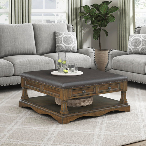 Lexicon 39 Inch Wood Coffee Table with 4 Drawers, Lower Open Shelf, Casters, Square Ottoman Coffee Table for Living Room, Brown