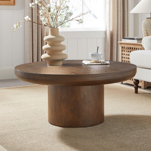 Eafurn 35.98inch Round Wood Coffee Table with Cylindrical Leg, Farmhouse Cocktail Solid Circle Center Wooden Table