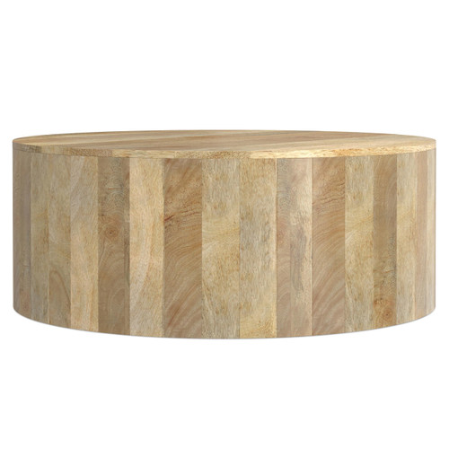 SIMPLIHOME Millbury Drum Coffee Table - 36 inch Wide Solid Mango Wood Round Living Room Table in Refined Natural