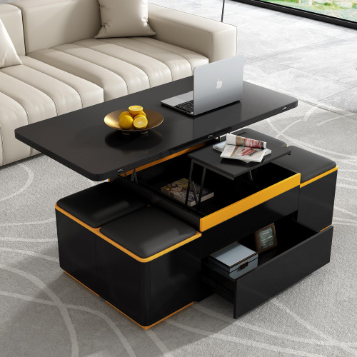 Merax Lift Top Coffee Table with 4 Storage Stools for Living Room