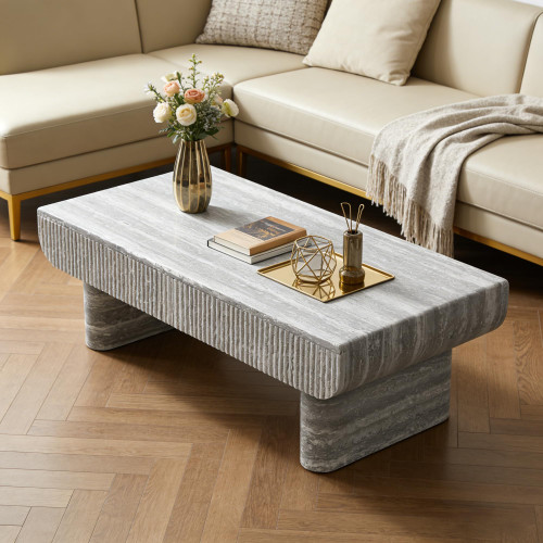 KEIKI 47" Coffee Table with Fluted Drawer, Oval Wood Coffee Table with Faux Marble Tabletop for Living Room or Office