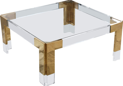 Contemporary Glass Top Coffee Table with Sturdy Stainless Steel and Acrylic Base, 36" W x 36" D x 16.5" H, Gold