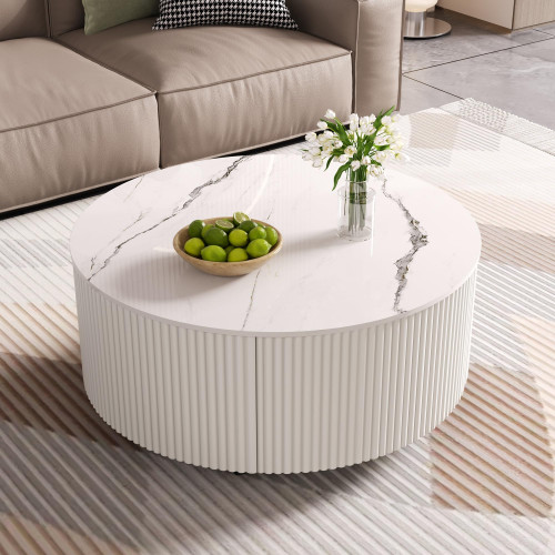 Merax 29.5" Round Fluted Coffee Table for Living Room, Movable Accent Table with Casters and 2 Storage Drawers